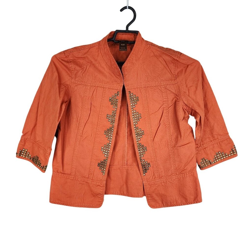 Womens Orange Multiples Linen Blend Studded Jacket Open Front 3/4 Sleeve Size M